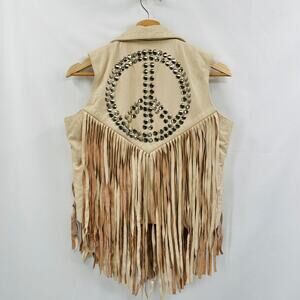 Understated Leather cream peace sign studded fringe vest